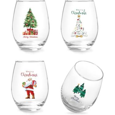 Imagem de Jogskeor Conjunto de 4 taças de vinho Merry Christmas, copos de vinho sem haste de árvore de Papai Noel, presentes de Natal maravilhosos para mulheres, homens, pai, mãe, avó, irmãs, amigas, 425 g