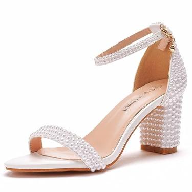 Imagem de Sandálias femininas de salto bloco de pérolas de 7,95 cm Peep Toe Strass, salto grosso, sapatos de salto grosso para noivas, festas de casamento, vestido de noite, Branco, 8.5
