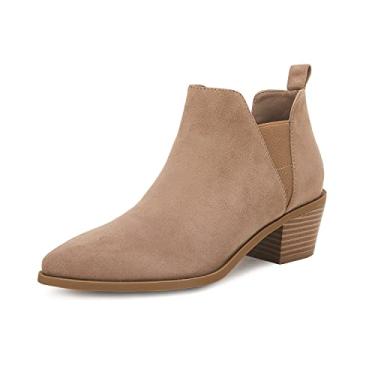 Imagem de Minshluu Botas femininas de salto grosso, cano baixo, sem cadarço, botas Chelsea, Caqui, 41