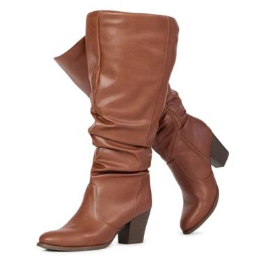 Imagem de RF ROOM OF FASHION Botas femininas de cano alto largo largo, Cognac Pu (panturrilha larga, salto de madeira de 7,5 cm), 12 Wide