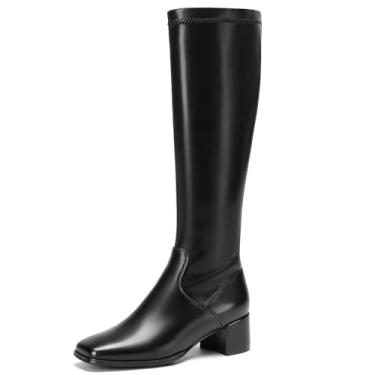 Imagem de Cozivwaiy Botas femininas de cano alto pretas elásticas cano alto bico quadrado couro sintético confortável salto baixo grosso sapato elegante meia zíper lateral, Preto-elástico, 35