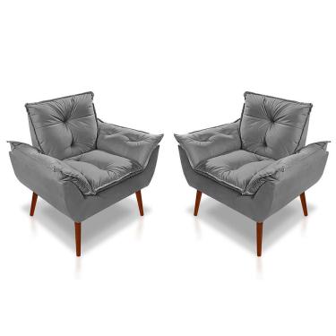 Imagem de Kit 02 Poltrona Opala Decorativa Suede Cinza Claro