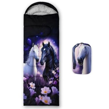 Imagem de AILONEN Sacos de dormir de cavalo preto e branco para adultos, crianças, 3 estações, clima frio e quente, impermeável, acampamento, leve, sacos de dormir para acampamento, caminhadas, viagens ao ar