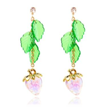 Imagem de LKingel Brincos de morango para mulheres, elegante, com laço de pérola, morango, acrílico, folha verde, morangos, brincos de frutas, joias modernas, presente para mulheres, Large, Acrílico, Sem pedra