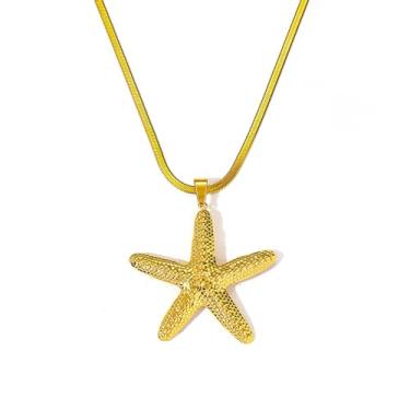 Imagem de BOOZIQ Colar de estrela do mar dourado para mulheres, pingente de estrela-do-mar, colar de corrente boêmia, verão, oceano, praia, sereia, joia feminina, Aço inoxidável, Sem Pedra Preciosa