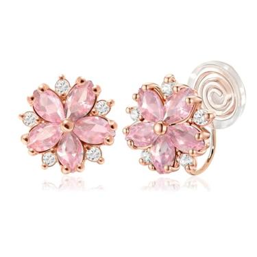 Imagem de Brincos de pressão para mulheres, flor de zircônia cúbica, banhado a ouro rosa 14K, joias para presentes (com caixa de presente) para mulheres (rosa)