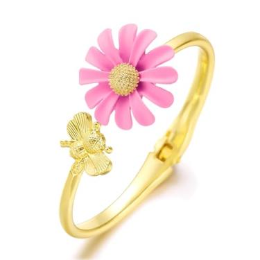 Imagem de Topty Pulseiras femininas com flor de ouro 18 quilates para mulheres, anéis de flor rosa, pulseiras florais, pulseiras ajustáveis de ouro e punho de braço à prova d'água, pulseiras de festa