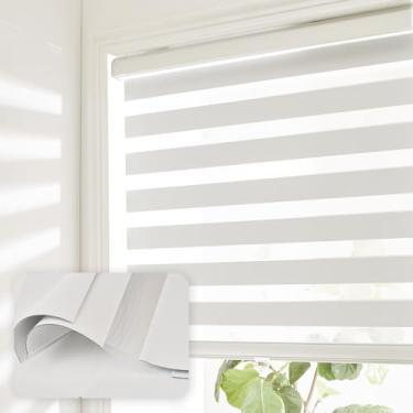 Imagem de Bricurtex Persianas Zebra sem fio para Windows Shade Dual Layer Free-Stop Light Filtering Roller Blinds Proteção de privacidade com isolamento térmico, montagem interna ou externa (branca, 58 cm L x