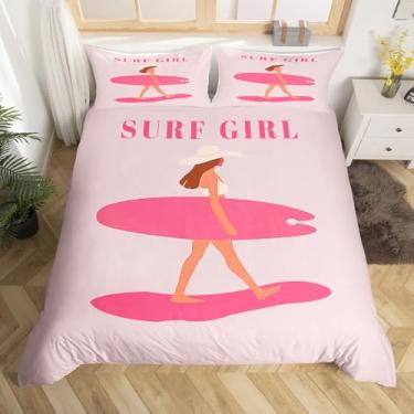 Imagem de Erosebridal Conjunto de cama de casal cowgirl costeira rosa, capa de edredom de surfe para meninas e adolescentes, conjunto de cama de surfe, praia oceânica, 2 peças, decoração de quarto (sem edredom)