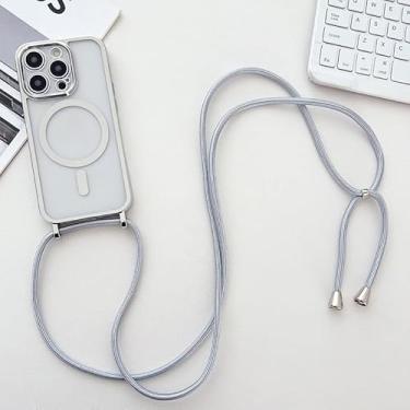 Imagem de Capa magnética para iPhone 15 Pro Max com alça de pescoço ajustável, capa à prova de choque compatível com carregamento sem fio para viagens e uso diário, prata