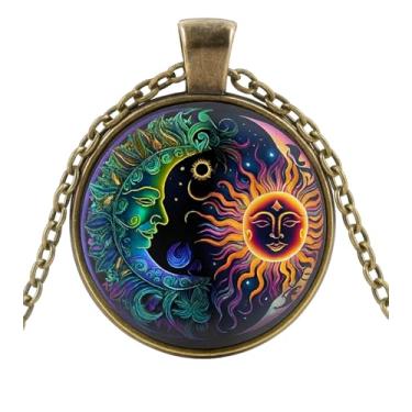 Imagem de Colar com pingente de sol e lua celestial, corrente de 45 cm, design místico colorido, Adjustable, Aço inoxidável, Vidro