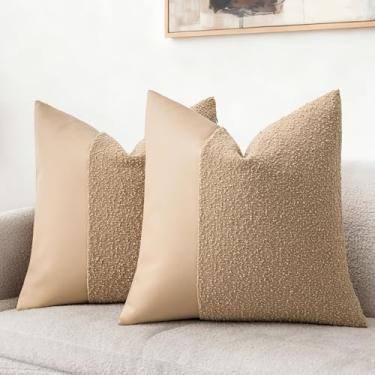 Imagem de AOOTOOLINK Capas de almofada de couro sintético Boucle 55 x 55 cm, conjunto de 2 capas de almofada decorativas sólidas para ambientes externos, casas de fazenda, para quarto, cama, sofá