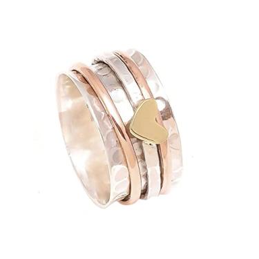 Imagem de Ailiessy Anel Spinning Anxiety Relief Keep Climbing Mountains Waves Pattern Love Heart Spinner Fidget Ring for Women Men Jewelry, Metal, Strass