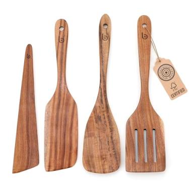 Imagem de Conjunto de utensílios de madeira de teca Boxiki – 4 peças | Utensílios de cozinha de madeira premium para panelas antiaderentes, agitação, antiaderentes | Espátulas de madeira duráveis e não tóxicas