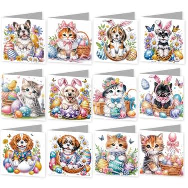 Imagem de C'eitura 12 peças DIY Easter Dog Cat Diamond Art Painting Cartões comemorativos com envelopes, kits de cartões DIY feitos à mão para aniversário, ano novo, festa de férias, desejos diários, cartões