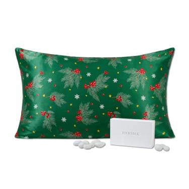 Imagem de THXSILK Fronha de seda amoreira de grau 6A+ estilo Natal para cabelo e pele, 22 Momme 100% seda pura fronha com zíper oculto, capa de almofada estampada de azevinho de Natal, verde