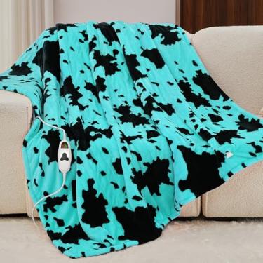 Imagem de Cobertor elétrico aquecido com estampa de vaca, cobertor de aquecimento verde 127 cm x 152 cm com 10 níveis de aquecimento e 8 horas de desligamento automático, decoração de vaca Highland, cobertores