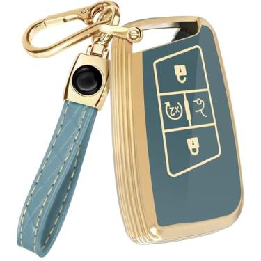 Imagem de Lucrum Compatível com capa de chaveiro Volkswagen e chaveiro de couro, capa com 3 botões para VW Arteon Atlas Jetta Taos Golf Tiguan Passat (2018-2024) - Azul e dourado