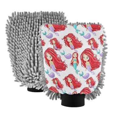 Imagem de STAYTOP Lindas luvas de lavagem de carro de sereia de desenho animado, 2 peças, luvas de microfibra de chenille, sem arranhões, panos de esponja de lavagem ultra absorventes para carros, limpeza