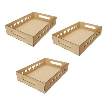 Imagem de Kit com 3 Bandejas MDF Cru 30x20x6 para Decoração de Festa, Cestas Café da Manhã, Presente – Coração, Estrela, Te Amo, Feliz Aniversário e Lisa (̧̃)