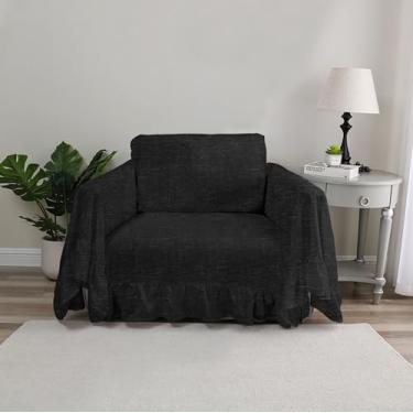 Imagem de Castle Selection Capa de sofá de linho rústico com alças, protetor completo para sofá, durável, borda com babados (preta, cadeira)