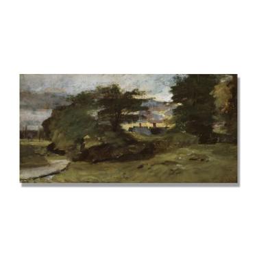 Imagem de NHLDZYH Arte em tela de paisagem estilo Constable (paisagem com casas de campo), pintura romântica do campo inglês, decoração de parede texturizada com pincelada pesada. Tela somente 75 x 150 cm