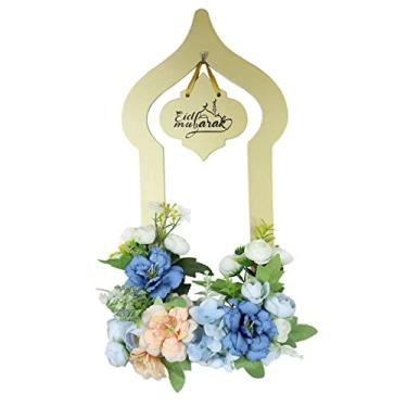 Imagem de Coroas de flores Eid Ramadan Mubarak para porta da frente, guirlanda de Ramadã para castelo Eid Al-Fitr, coroa de flores artificiais de peônia azul, decorações de ramada para festa em casa