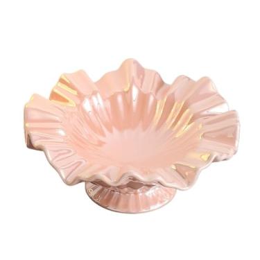 Imagem de Fruteira Fruteira de cerâmica brilhante com borda ondulada, ideal para servir aperitivos e decorar mesas na cozinha e sala de estar. Decoração de mesa(Pink)
