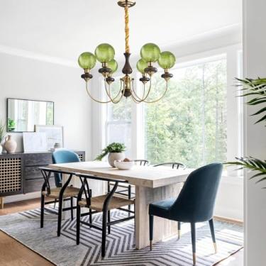 Imagem de Lustre Globo para Ilha de Cozinha, Luminária Pendente em Vidro Verde, Luminária de Teto Dourada Vintage Artística, Iluminação Suspensa em Madeira de Meados do Século para Quarto e Sala de Es