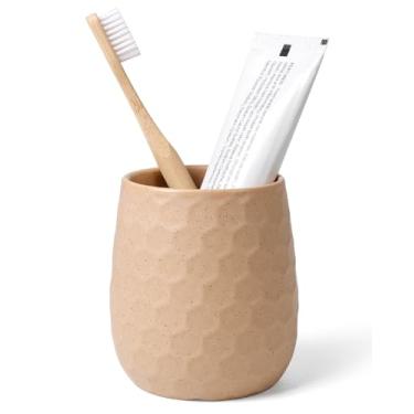 Imagem de Suporte de escova de dentes, suporte de escova de dentes para banheiro - Porta-escova de dentes de cerâmica para bancada, suporte de pincel de maquiagem cáqui, suporte de caneta, 9 x 9 cm x 10 cm