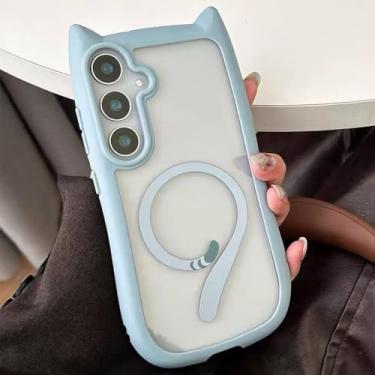 Imagem de LMA Linda capa de telefone transparente adequada para Samsung Galaxy S23 capas magnéticas Kawaii orelhas de gato compatível com MagSafe capa protetora à prova de choque para mulheres meninas - azul