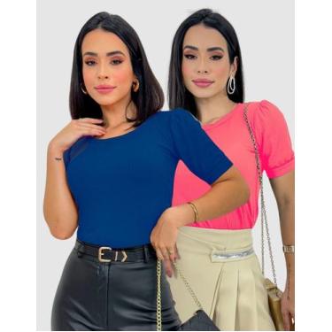 Imagem de Kit 2 Blusas Feminina Manga Curta Bufante Canelada Elegante Moda Casua