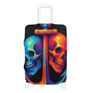 Imagem de Joisal Capas de mala pretas com caveiras azuis laranja âncora para protetores de bagagem, anti-arranhões, capa de viagem para mulheres, engraçada, P, serve para capa de 45 a 50 cm, Caveiras azuis