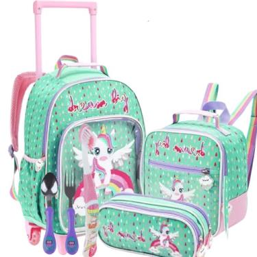Imagem de Mochila Infantil Escolar Unicórnio Verde Água Rodinhas