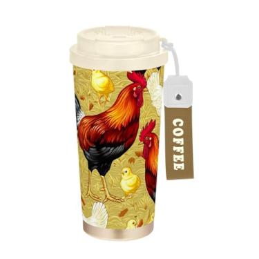 Imagem de TSENQUE Copo de café de 473 ml com tampa de canudo e filp, copos de parede dupla isolados a vácuo com revestimento cerâmico, galinhas de quintal amarelo