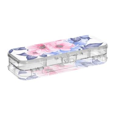 Imagem de Joisal Caixa de lápis transparente para crianças com flores azuis e rosa, caixa de giz de cera de plástico rígido colorido com tampa de encaixe para material de volta às aulas 21 cm C x 7,6 cm L x 4,8
