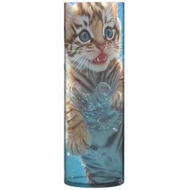 Imagem de Vasos de flores de cilindro de gatinho fofo para buquê de pintura de animais, vaso alto personalizado, decoração de banheiro estética, 30 x 9,9 cm