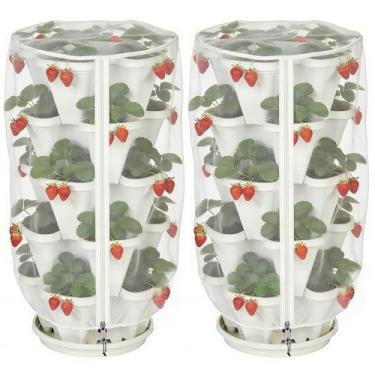 Imagem de 2 peças de rede de insetos de jardim para vaso de 5 camadas de morango, 99,8 cm x 49,8 cm, barreira empilhável de pássaros e insetos, cobertura de rede empilhável de morango, vaso vertical para