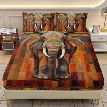 Imagem de AILONEN Jogo de lençol Queen com estampa de elefante 3D, animal selvagem tropical africano, para crianças, adolescentes e adultos, lençol com elástico com 2 fronhas, 3 peças