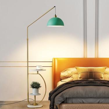 Imagem de Luminária de chão multifuncional com 2 mesas redondas, cúpula de metal, luminária vertical, luminária alta de metal polido, luminária de chão decorativa para interiores, base de mármore para
