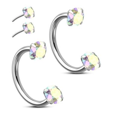 Imagem de OUFER 2 argolas de nariz em aço cirúrgico 316L, argolas de nariz de ferradura de 20 g, argolas de nariz sem rosca para mulheres e homens, cristal duplo ferradura septo lábio sobrancelha hélice daith