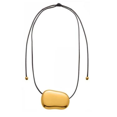 Imagem de LANWLOSI Colar com pingente de ouro grosso para mulheres, colar de pedras, minimalista, longo, preto, irregular, prata, pingente oval, colar, renda, joias modernas, presentes para ela, Zinco, Sem