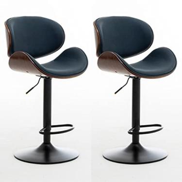 Imagem de Banquinho de bar, banquinho de bar moderno, cadeira de jantar de ilha de cozinha alta giratória com encosto, banco de balcão de cozinha ajustável em altura, com apoio para os pés, conjunto de 2, azul