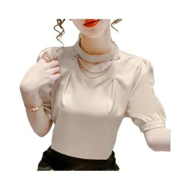 Imagem de Blusa Feminina Casual De Verão Com Manga Bufante, Gola O, Lisa E Detal