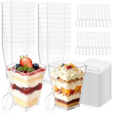 Imagem de Vicuna R Copos de sobremesa de plástico transparente de 142 g com tampas e colheres, pequenos copos quadrados de parfait, copo de iogurte para servir bagatela de iogurte, mini copo de aperitivo para