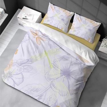 Imagem de Jogo de cama queen de microfibra macia com flores elegantes e libélulas, para todas as estações, capa de edredom tamanho casal 200 x 200 cm -50 x 75 cm * 2