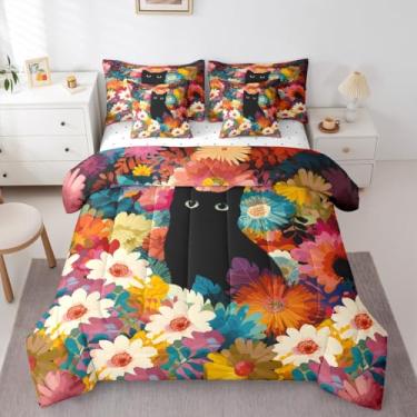 Imagem de Erosebridal Jogo de cama Queen com estampa floral de gato, fofo, 7 peças, flores coloridas, boêmio, para crianças, adultos, floral, botânico, lençol com elástico