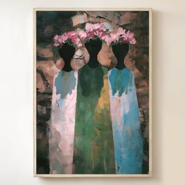 Imagem de Mulher com flores na cabeça arte de parede moderna pintura africana abstrata mulheres imagens vintage feminino pôster abstrato mulher retrato arte de parede tela africana silhueta feminina arte 40 x