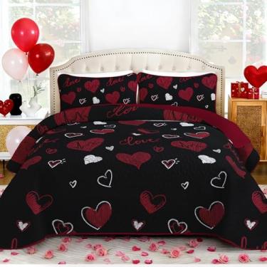 Imagem de Djoymock Conjunto de colcha King para o Dia dos Namorados, leve, de microfibra, reversível, jogo de cama acolchoado, preto, coração de amor, conjunto de edredom com 2 fronhas 264 x 221 cm
