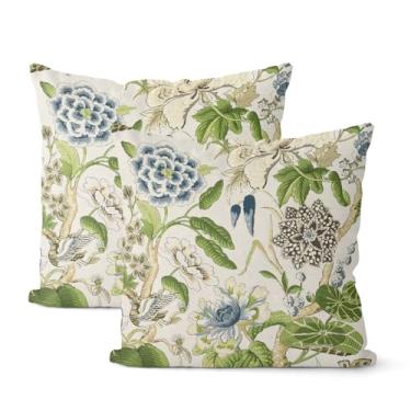 Imagem de Capas de almofada floral verde azul sálvia 45,7 x 45,7 cm, boêmio, azul, verde, vintage, floral, pássaro, conjunto de 2 fronhas, decoração de casa para quarto, sofá, almofada de linho